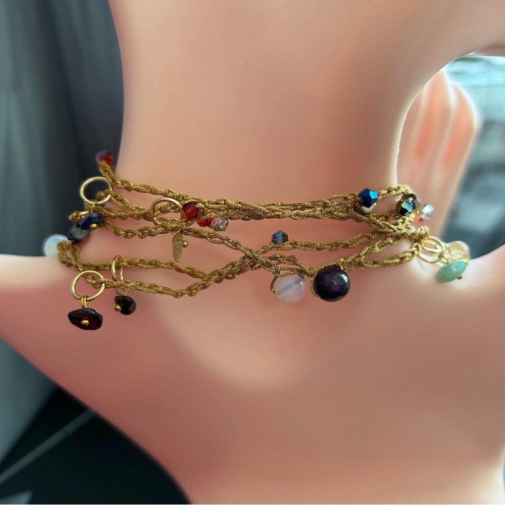 Handmade thread knitting Gold-Tone Multi-Gem super long Necklace. New